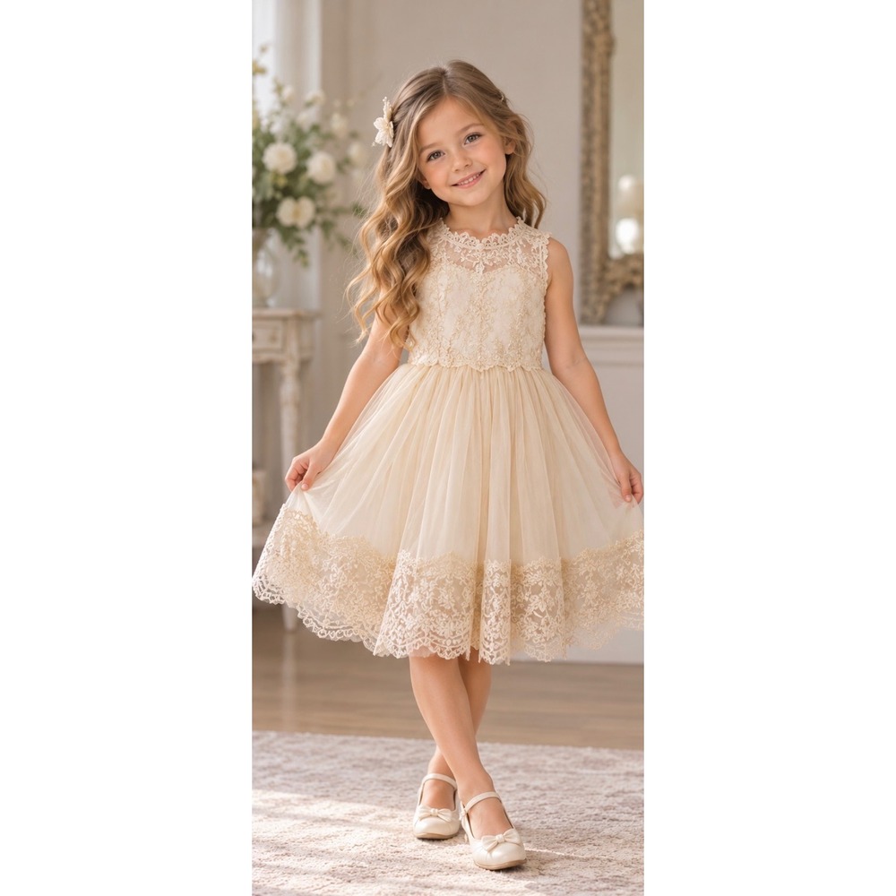 Vintage Korean Girls Formal Dress Lace Tulle Cream Special Occasion Size 120
